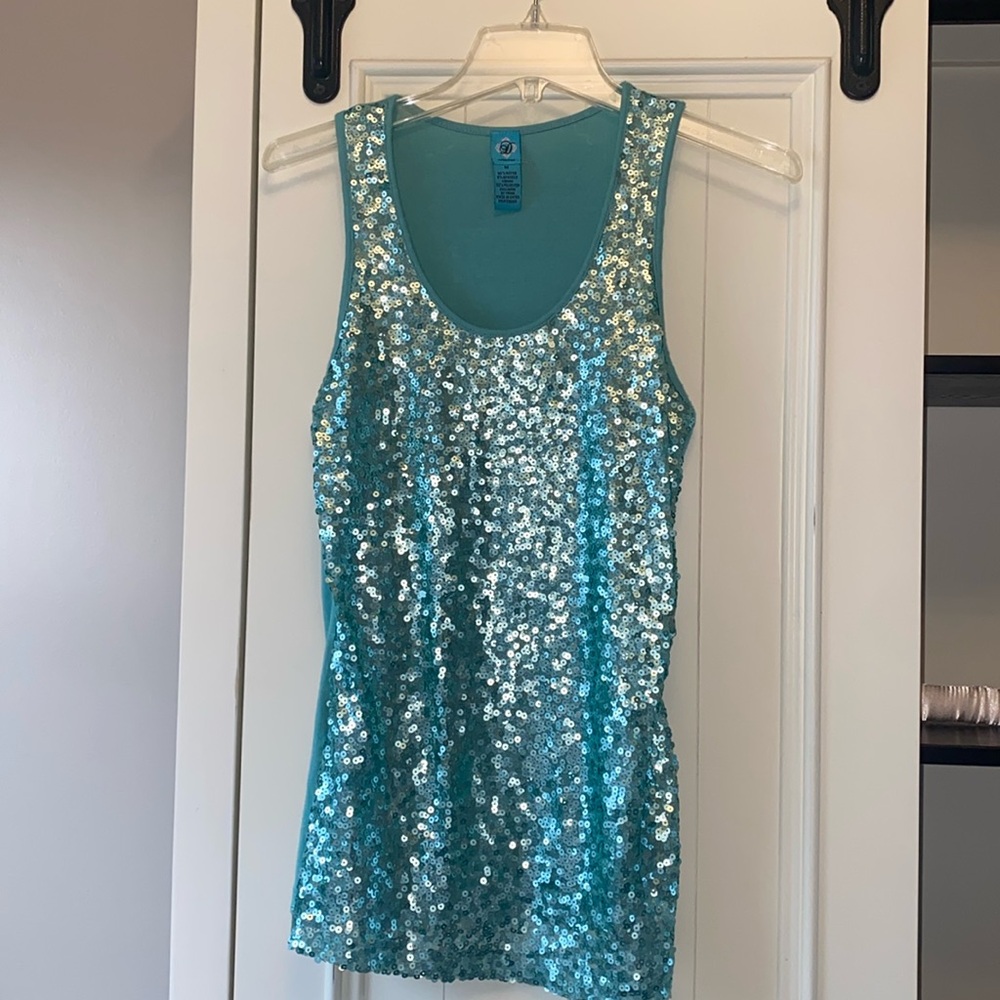 Sequin tank top in aqua blue Size Medium